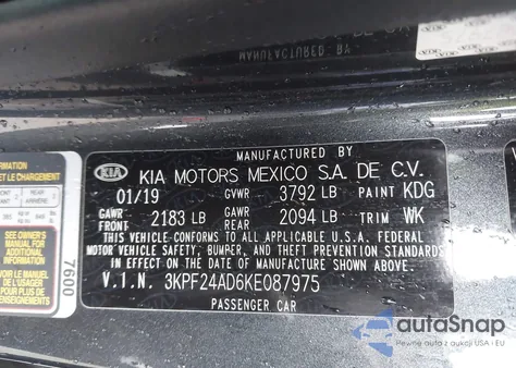 2019 Kia Forte Fe из США, поврежденный, VIN 3KPF24AD6KE087975